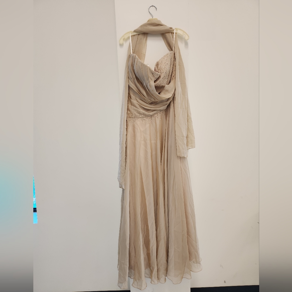 Y2K era vintage champagne strapless formal gown with shawl